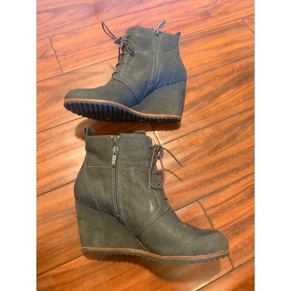 Biala Leather Wedge Ankle Boots Grey Lace Up Side Zip Booties Womens 39